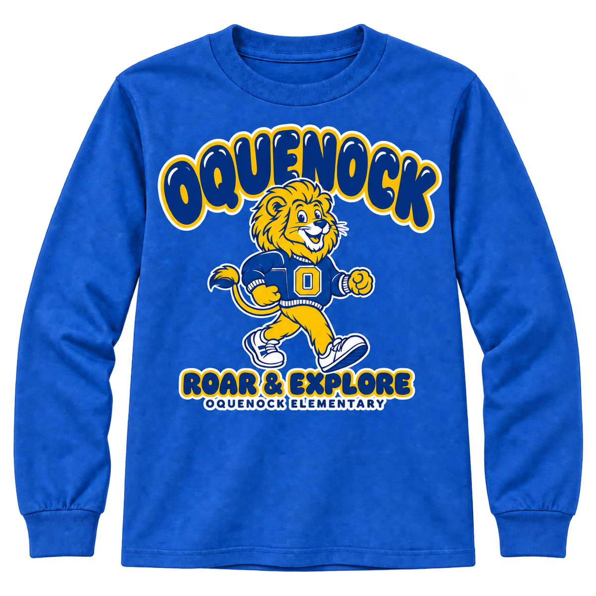 Oquenock Roar & Explore Youth Long Sleeve in Royal, blue and gold lion design