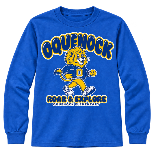 Oquenock Roar & Explore Youth Long Sleeve in Royal, blue and gold lion design