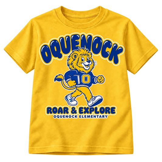 Oquenock Roar & Explore Youth T-Shirt in Gold, blue and gold lion design