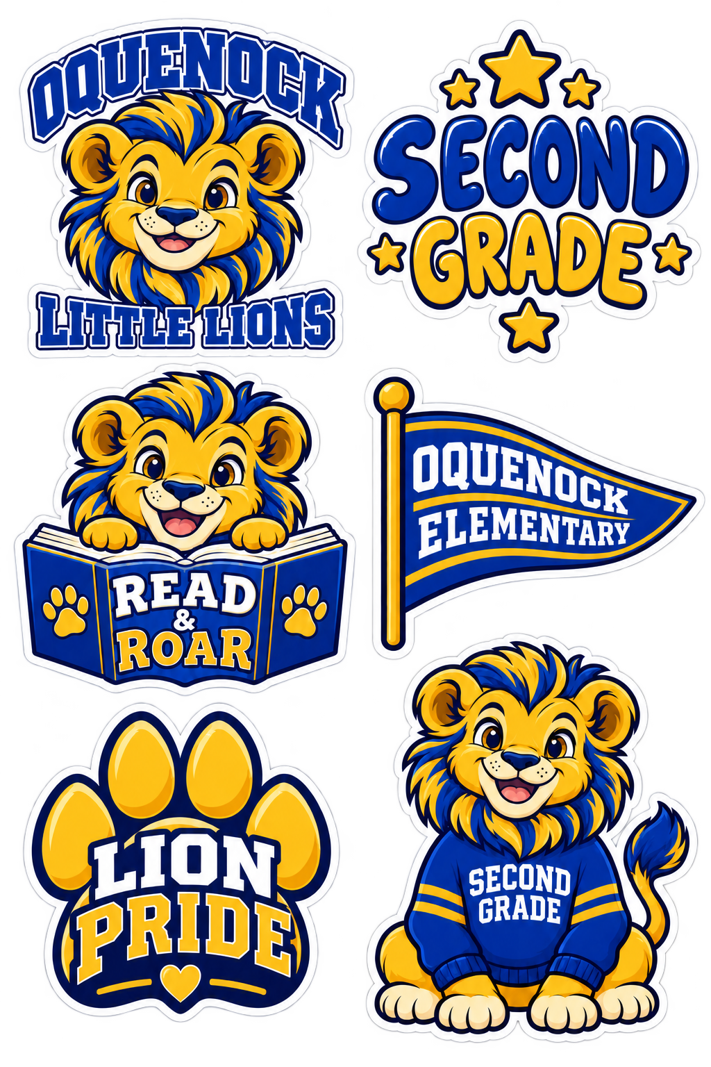 Oquenock Second Grade Lion Sticker Pack — 6 Stickers, blue and gold lion design