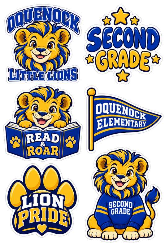 Oquenock Second Grade Lion Sticker Pack — 6 Stickers, blue and gold lion design