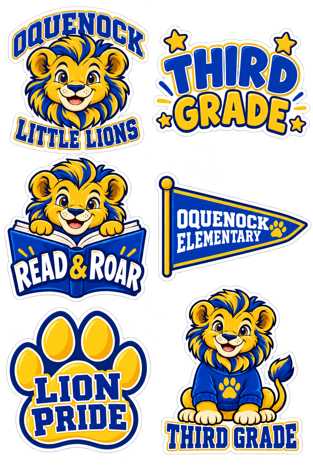 Oquenock Third Grade Lion Sticker Pack — 6 Stickers, blue and gold lion design