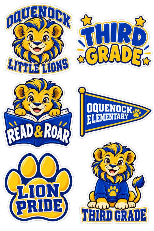 Oquenock Third Grade Lion Sticker Pack — 6 Stickers, blue and gold lion design