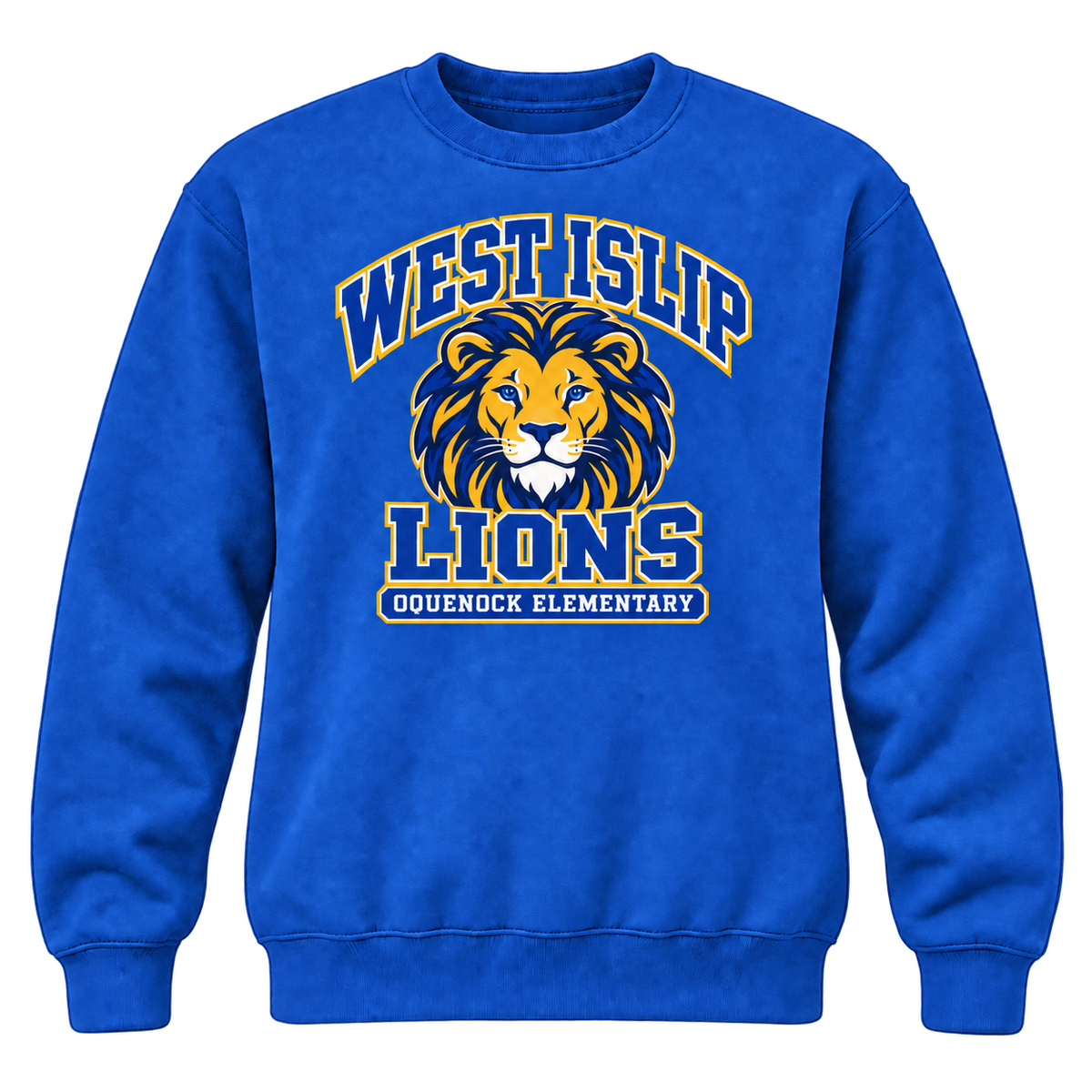 Oquenock Varsity Pride Adult Crewneck in Royal, blue and gold lion design