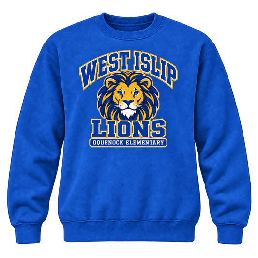 Oquenock Varsity Pride Adult Crewneck in Royal, blue and gold lion design