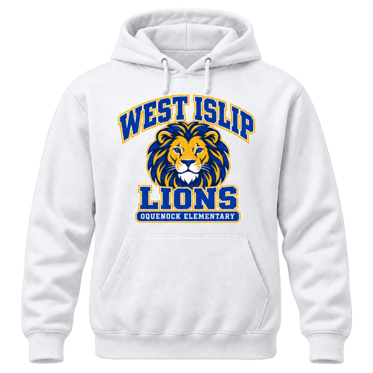 Oquenock Varsity Pride Adult Hoodie in White, blue and gold lion design