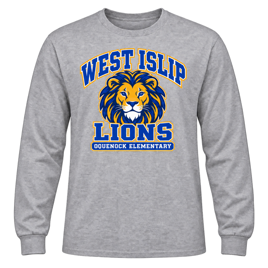 Oquenock Varsity Pride Adult Long Sleeve in Sport Grey, blue and gold lion design