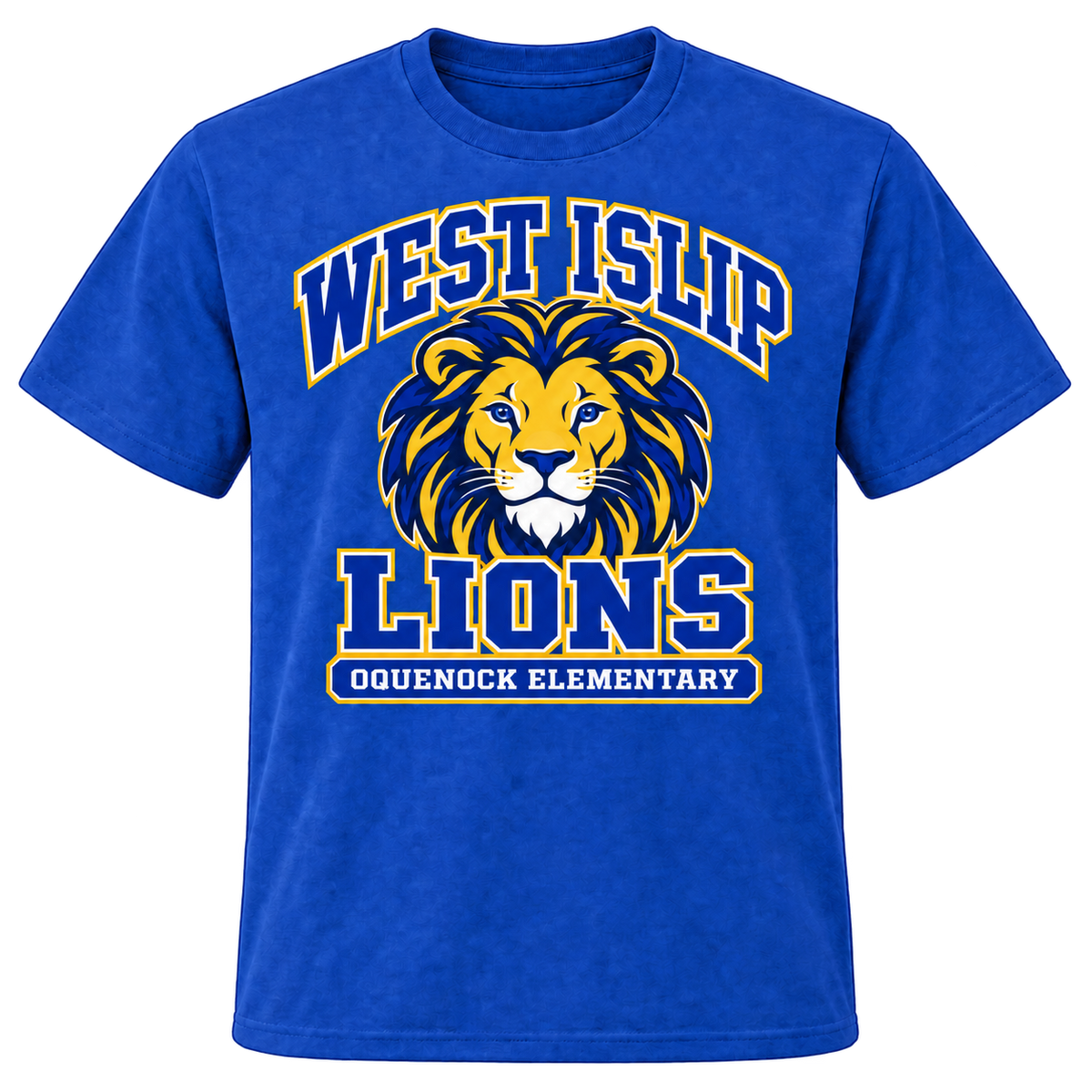 Oquenock Varsity Pride Adult T-Shirt in Royal, blue and gold lion design