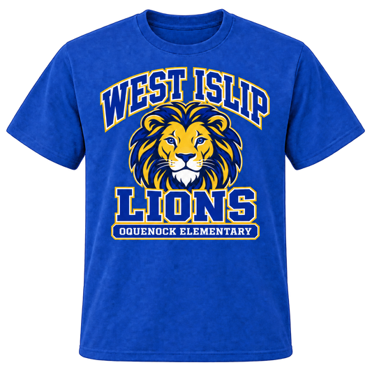 Oquenock Varsity Pride Adult T-Shirt in Royal, blue and gold lion design