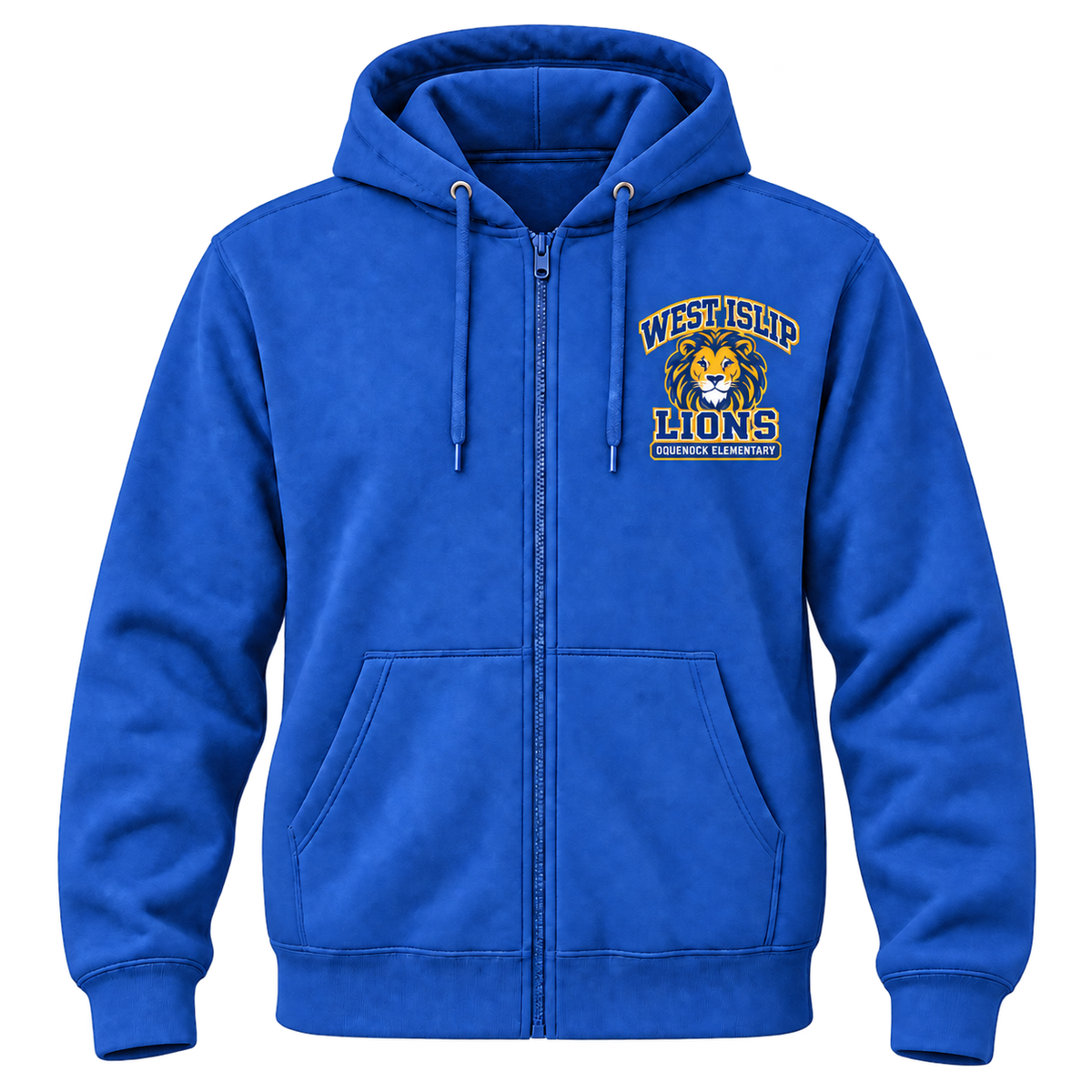 Oquenock Varsity Pride Adult Zip-Up Hoodie in Royal, blue and gold lion design