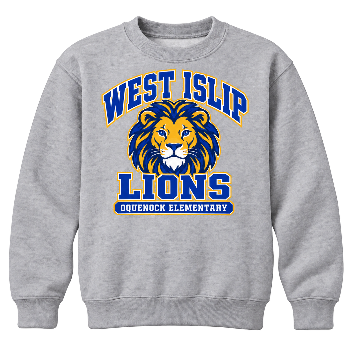 Oquenock Varsity Pride Youth Crewneck in Sport Grey, blue and gold lion design