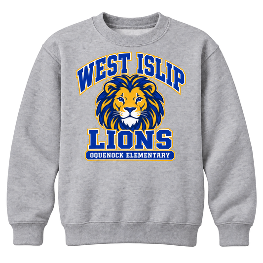 Oquenock Varsity Pride Youth Crewneck in Sport Grey, blue and gold lion design