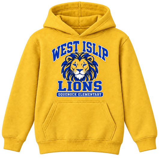 Oquenock Varsity Pride Youth Hoodie in Gold, blue and gold lion design