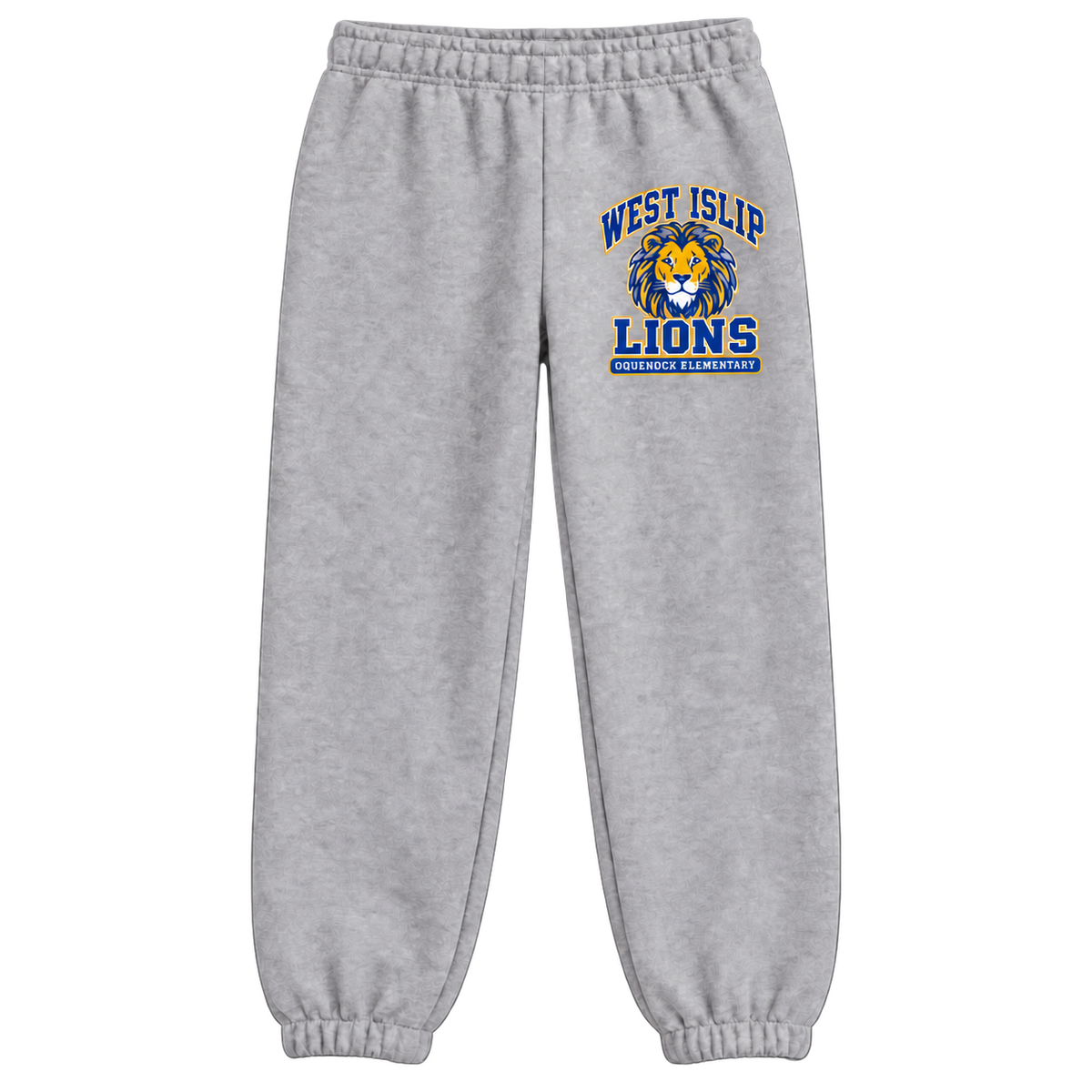 Oquenock Varsity Pride Youth Sweatpants in Athletic Heather, blue and gold lion design