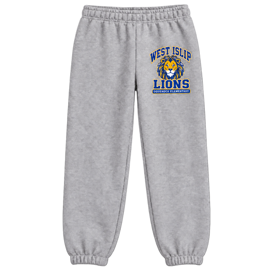 Oquenock Varsity Pride Youth Sweatpants in Athletic Heather, blue and gold lion design