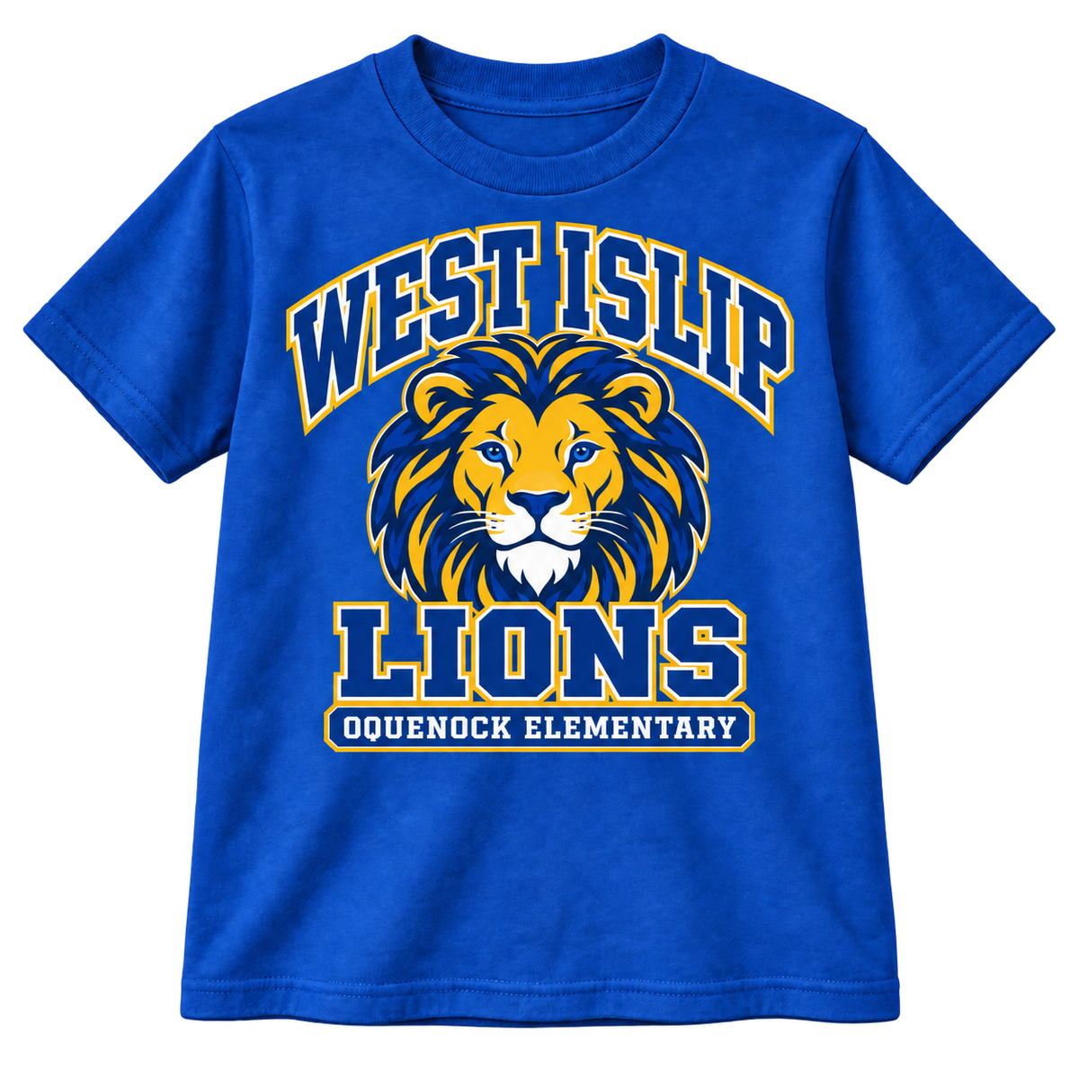 Oquenock Varsity Pride Youth T-Shirt in Royal, blue and gold lion design