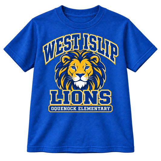 Oquenock Varsity Pride Youth T-Shirt in Royal, blue and gold lion design