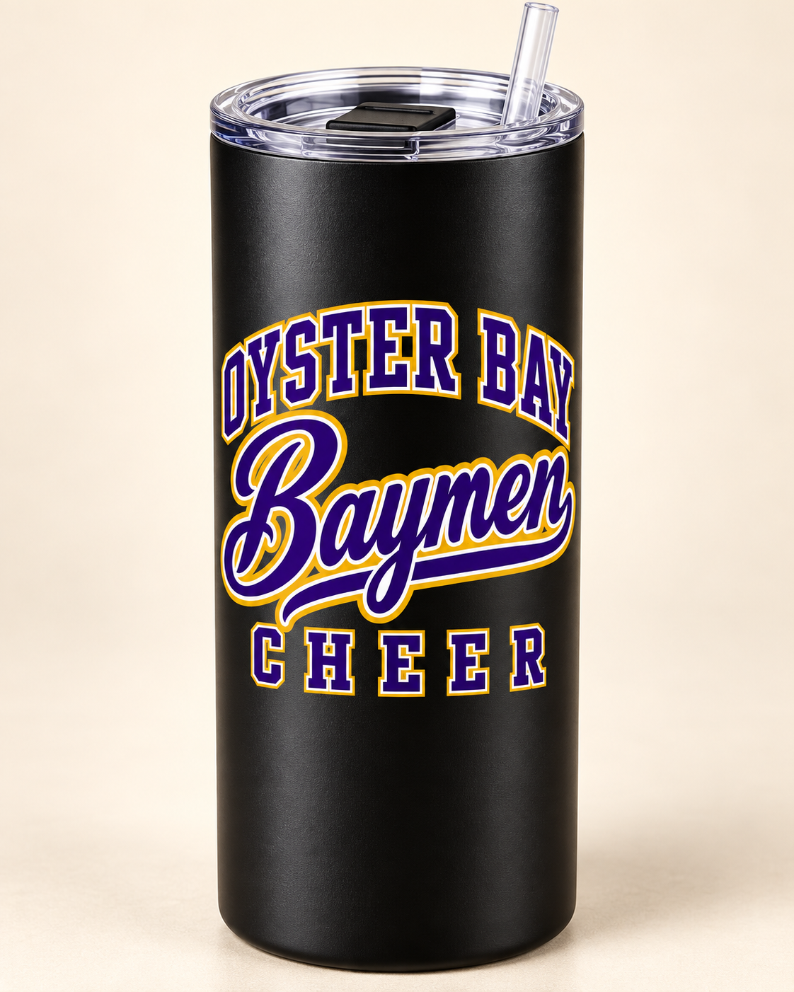 Black 20 oz classic tumbler with Oyster Bay Baymen Cheer varsity script design