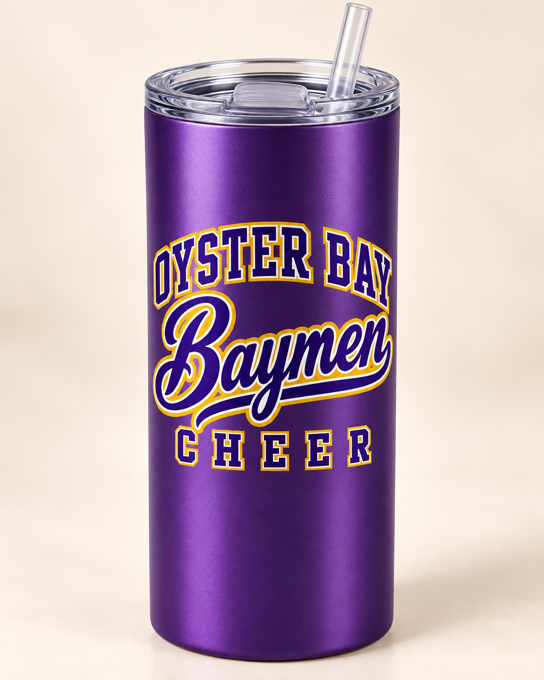 Purple 20 oz classic tumbler with Oyster Bay Baymen Cheer varsity script design