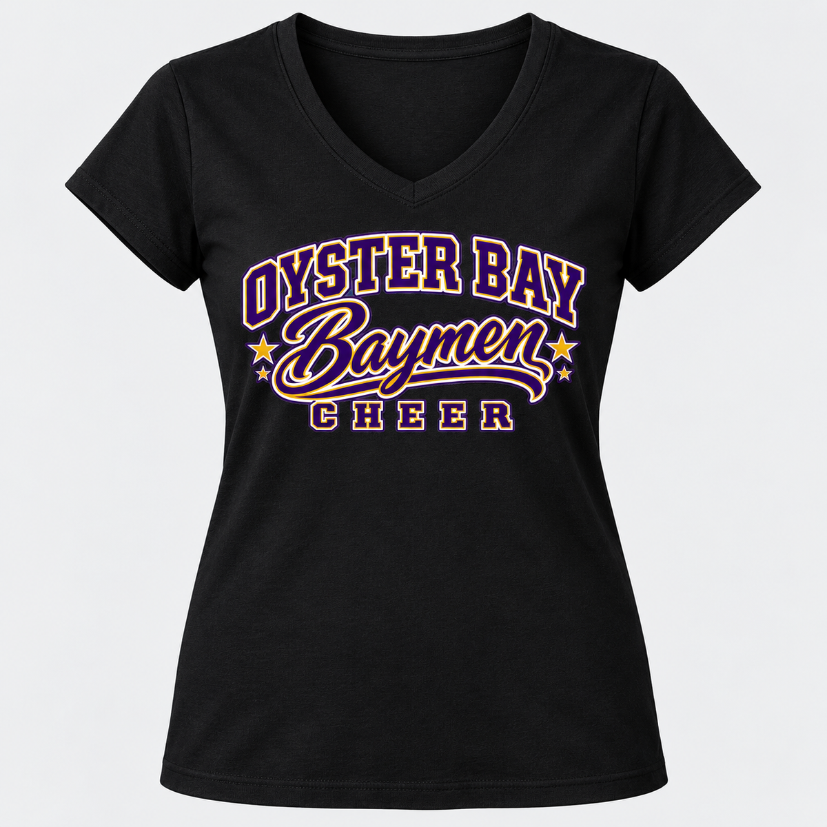 Black Oyster Bay Baymen Cheer women's varsity-script V-neck tee, single front view