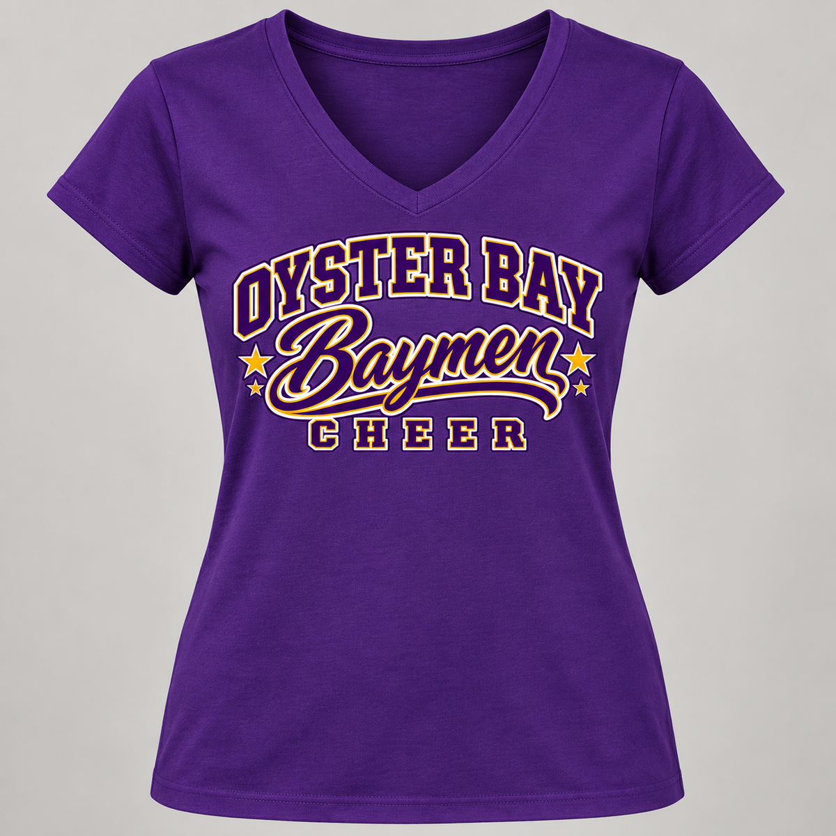 Purple Oyster Bay Baymen Cheer women's varsity-script V-neck tee, single front view