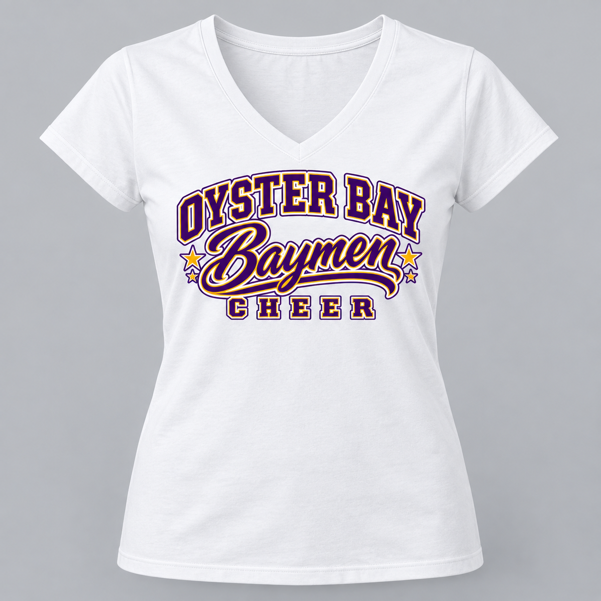 White Oyster Bay Baymen Cheer women's varsity-script V-neck tee, single front view