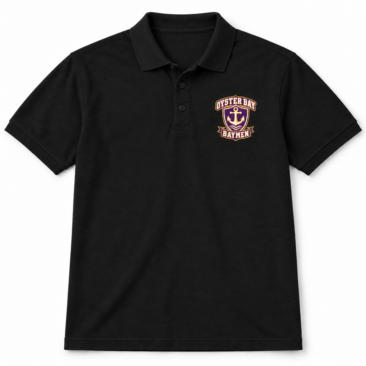 Oyster Bay Baymen Harbor Crest polo in Black, front view with purple, gold and white left-chest anchor crest