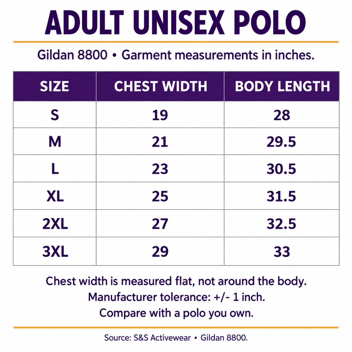 Gildan 8800 adult unisex polo size chart, S through 3XL, chest width and body length in inches