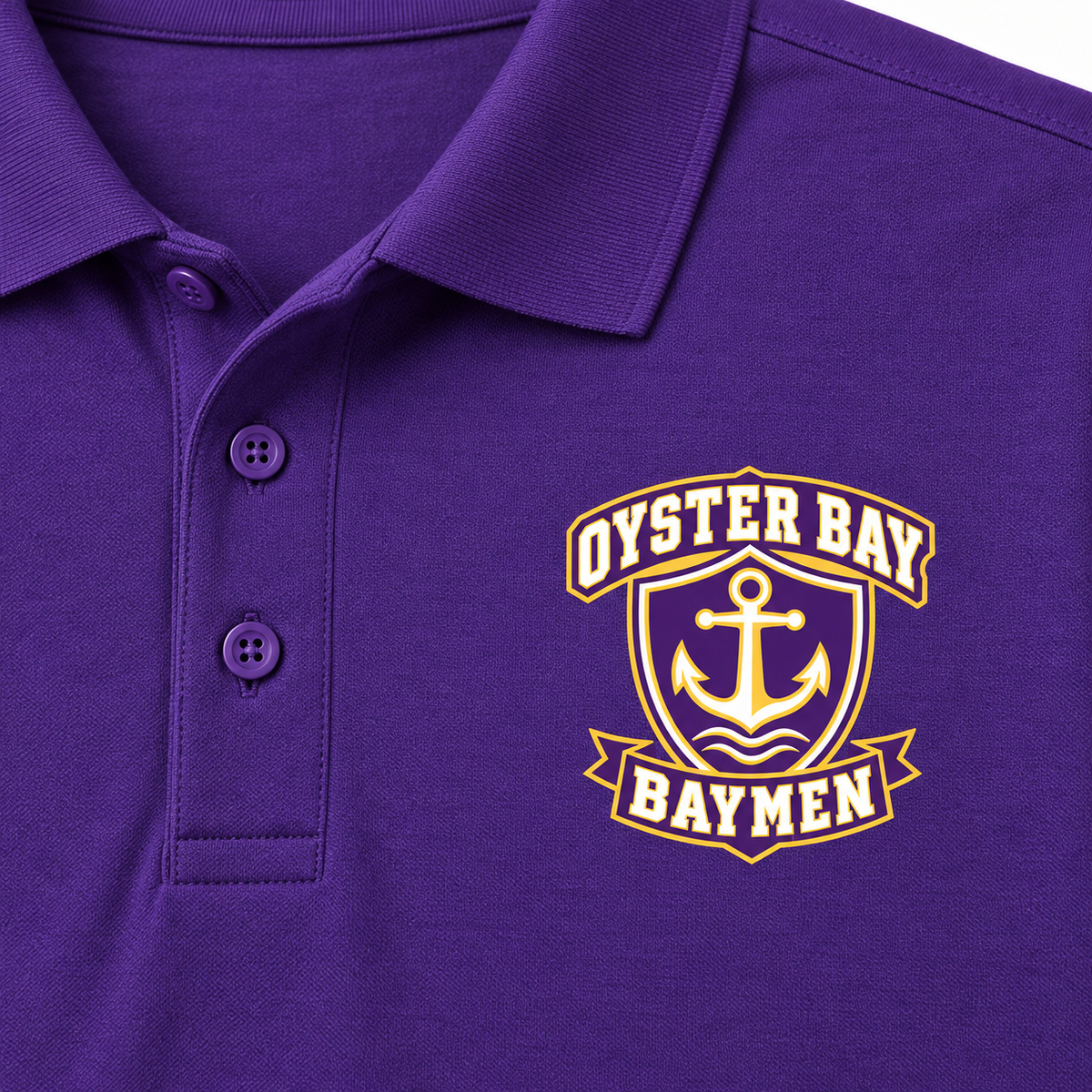 Close-up of the printed Oyster Bay Baymen anchor crest and Purple polo collar