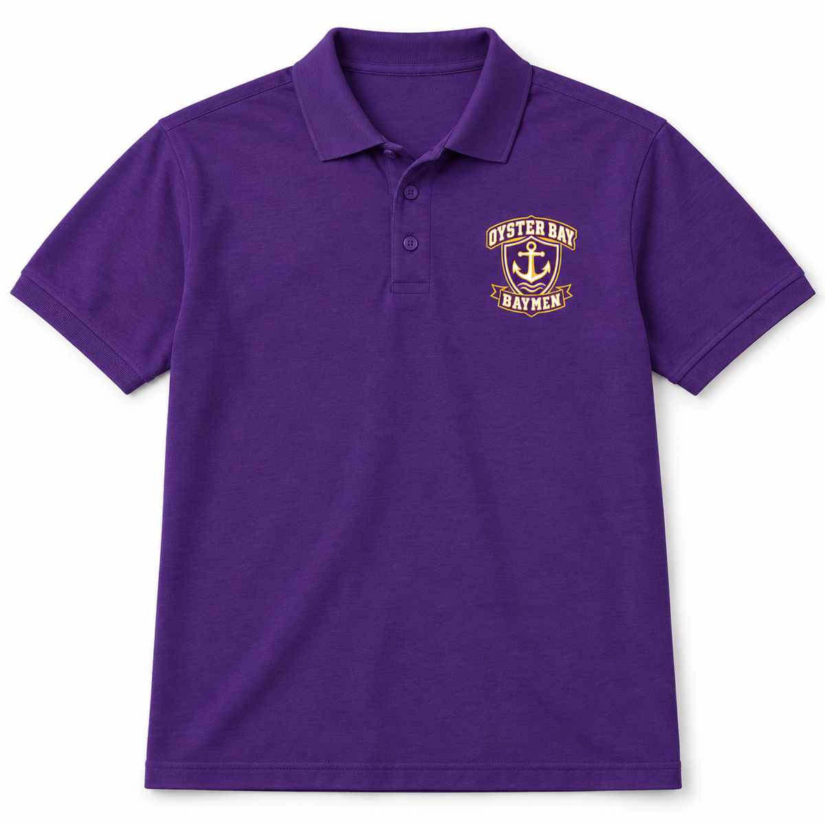 Oyster Bay Baymen Harbor Crest polo in Purple, front view with small purple, gold and white left-chest anchor crest