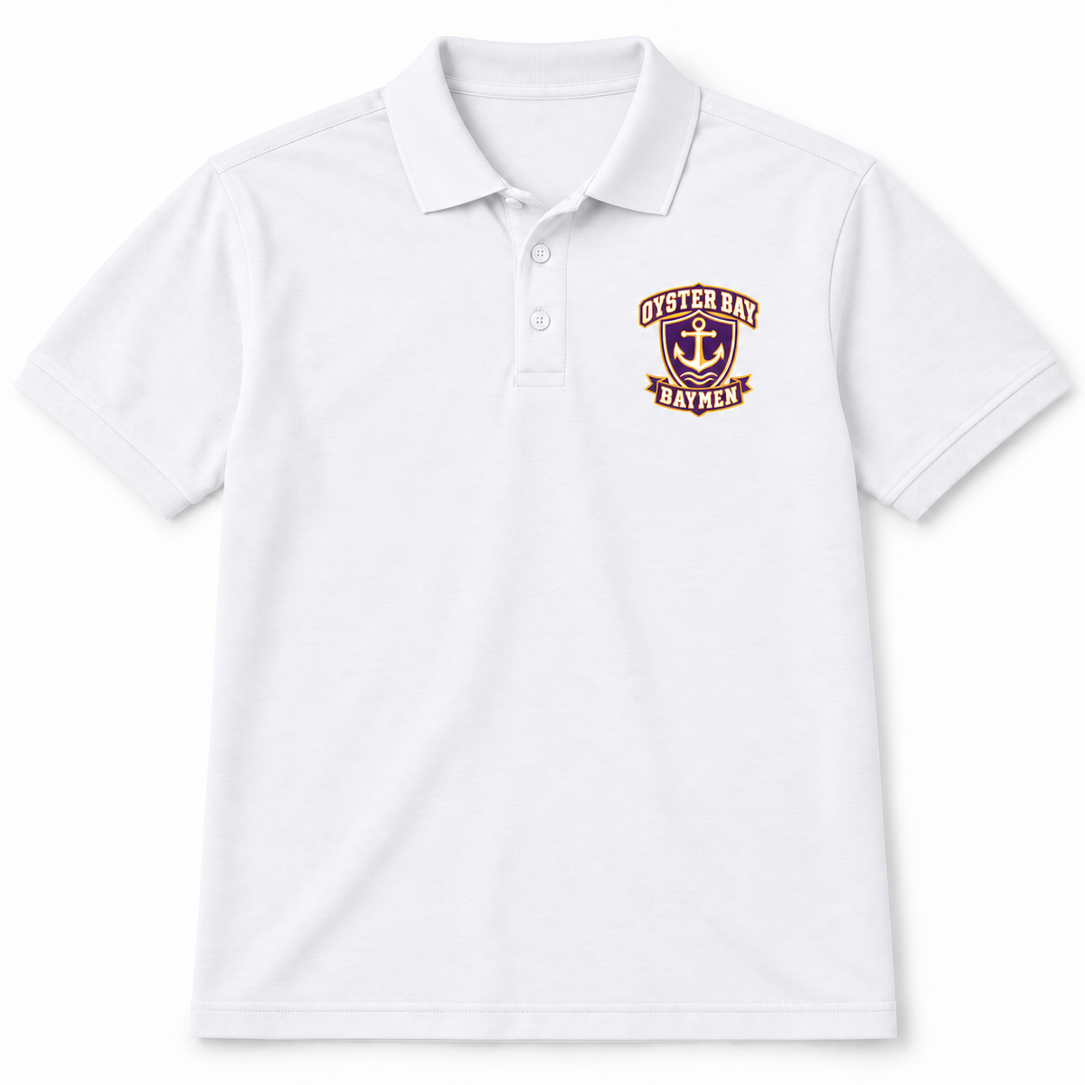 Oyster Bay Baymen Harbor Crest polo in White, front view with purple, gold and white left-chest anchor crest