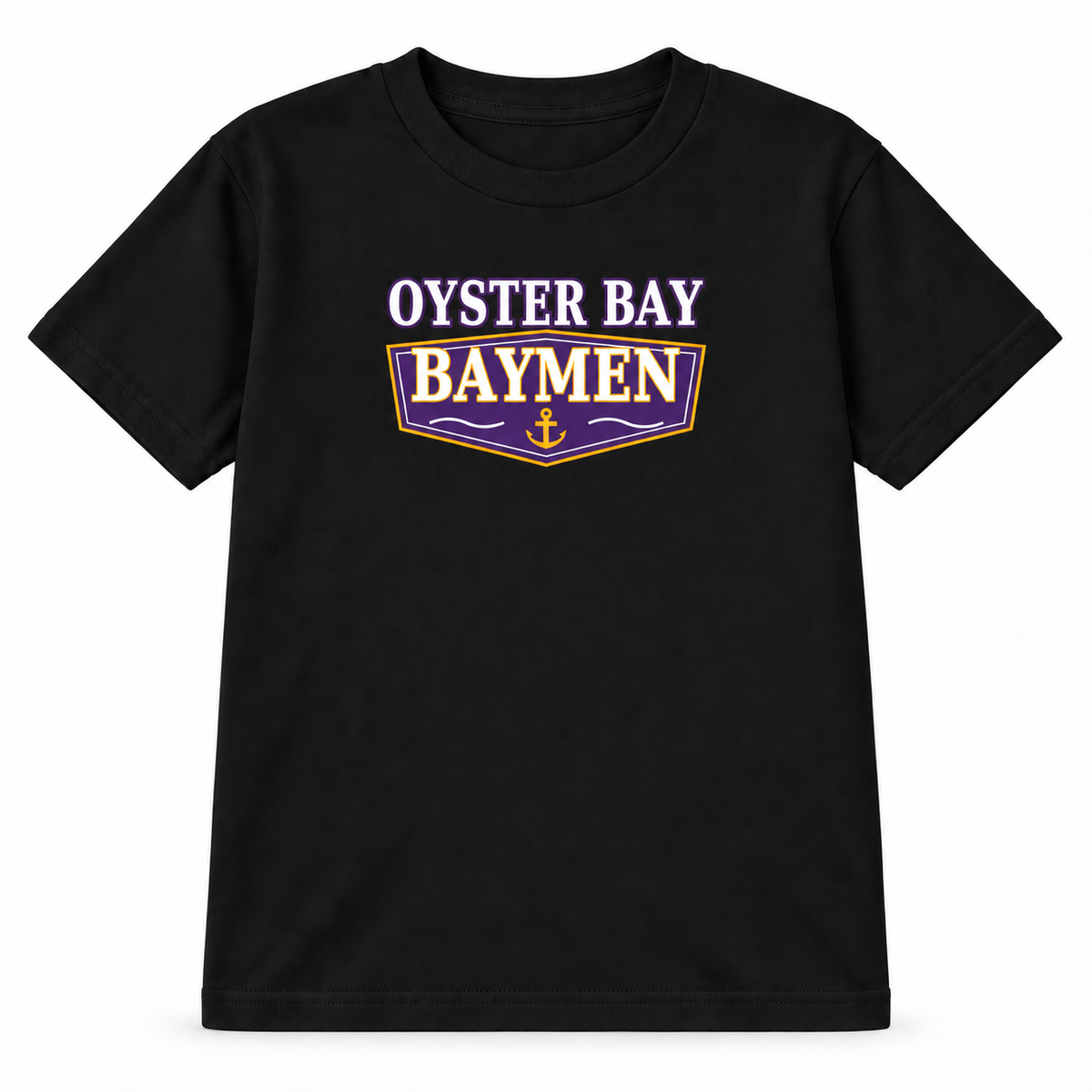 Oyster Bay Baymen youth Harbor Varsity T-shirt in black, centered purple and gold pennant print, front view