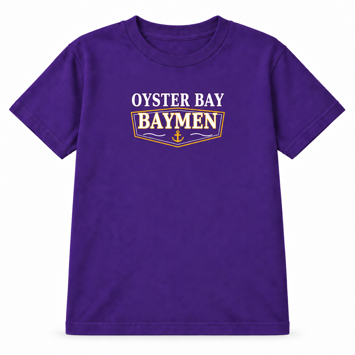 Oyster Bay Baymen youth Harbor Varsity T-shirt in purple, centered purple and gold pennant print, front view