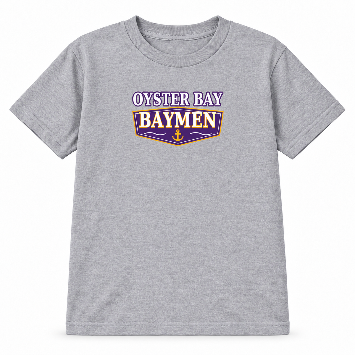 Oyster Bay Baymen youth Harbor Varsity T-shirt in sport-grey, centered purple and gold pennant print, front view