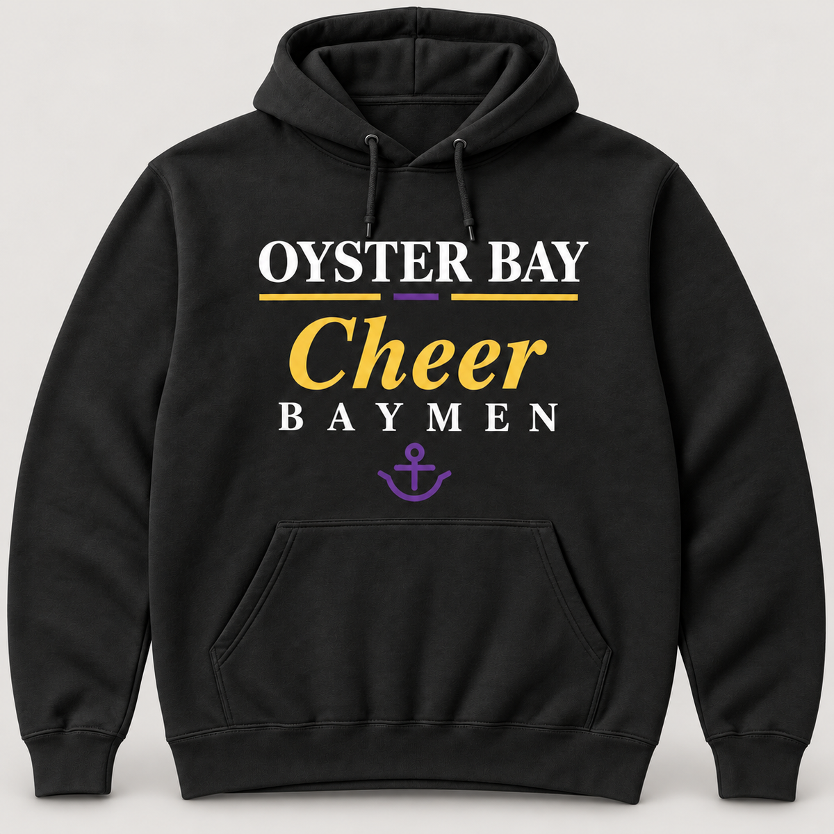 Oyster Bay Baymen Cheer adult black hoodie with white, gold and purple centered front typography