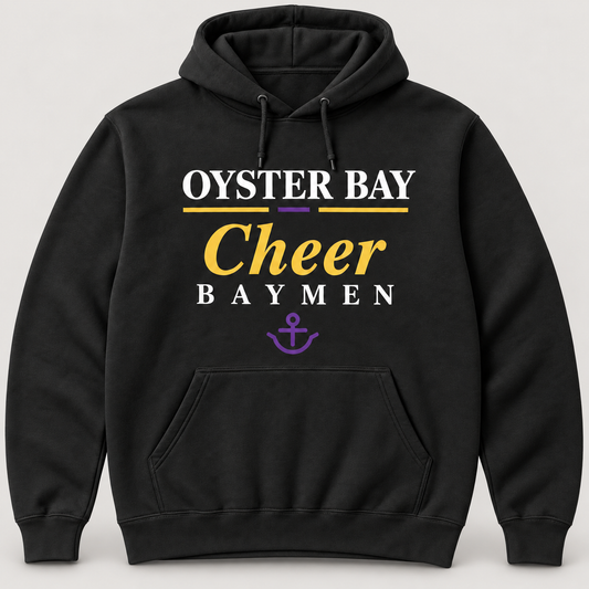 Oyster Bay Baymen Cheer adult black hoodie with white, gold and purple centered front typography