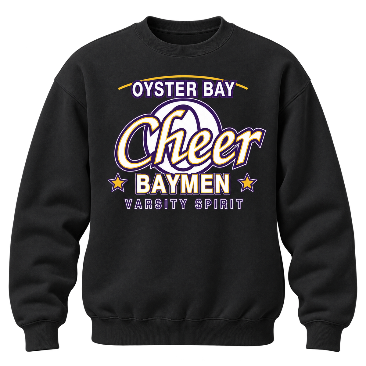 Oyster Bay Baymen Cheer Varsity Script adult crewneck in Black, front view