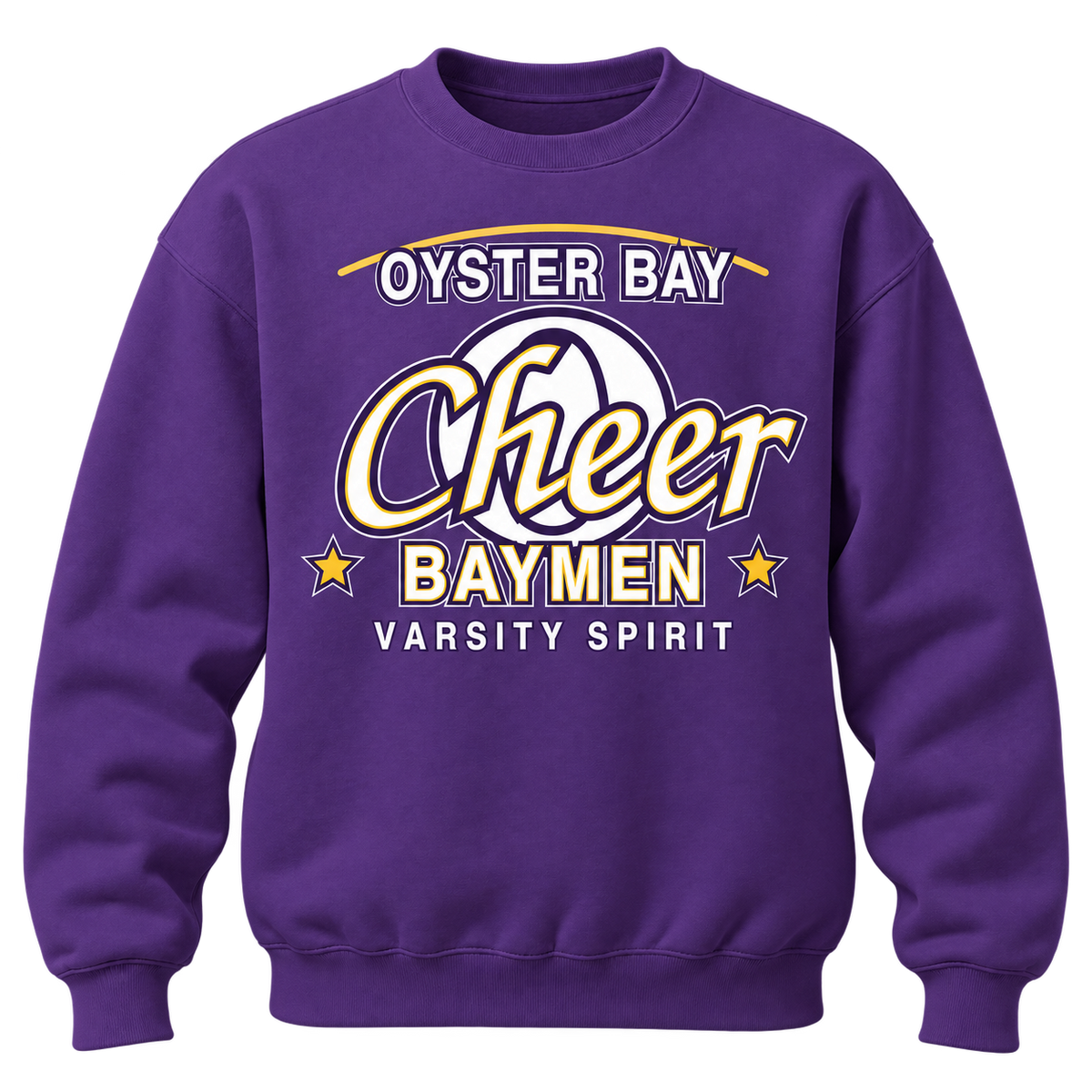 Oyster Bay Baymen Cheer Varsity Script adult crewneck in Purple, front view