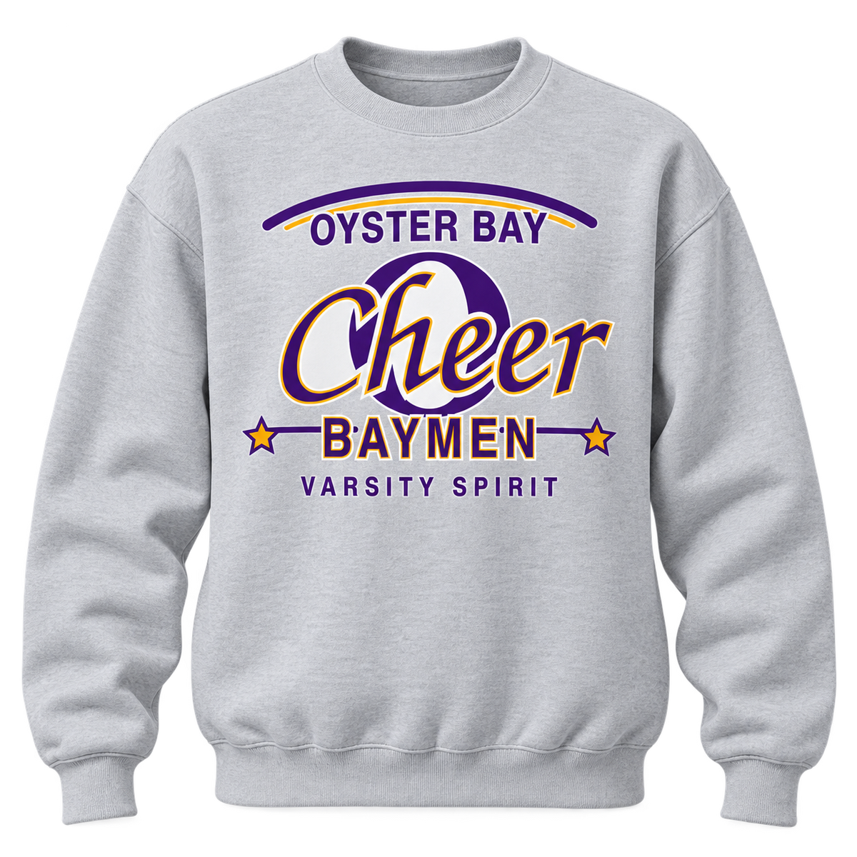 Oyster Bay Baymen Cheer Varsity Script adult crewneck in Sport Grey, front view