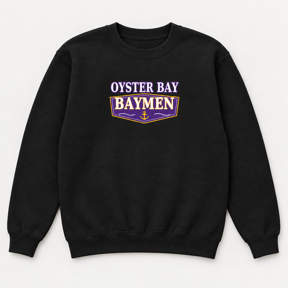Black youth Oyster Bay Baymen Harbor Varsity crewneck with purple, gold and white centered chest print