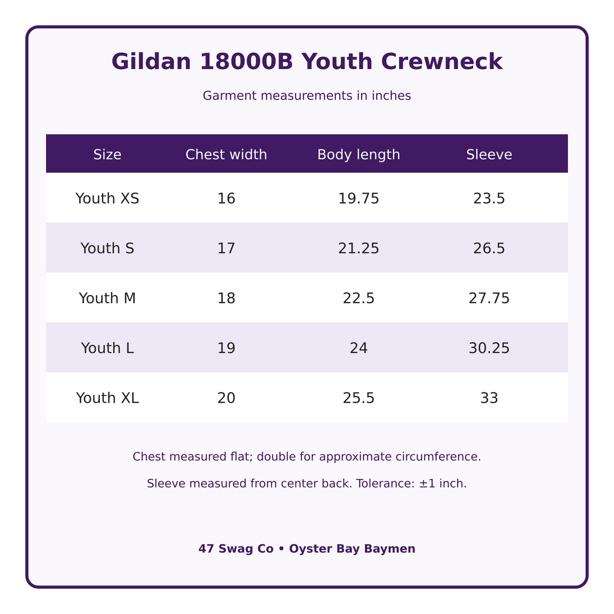 Gildan 18000B youth crewneck size chart in inches for XS through XL