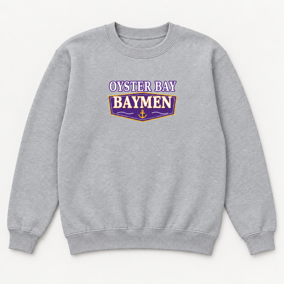 Sport Grey youth Oyster Bay Baymen Harbor Varsity crewneck with purple, gold and white chest print