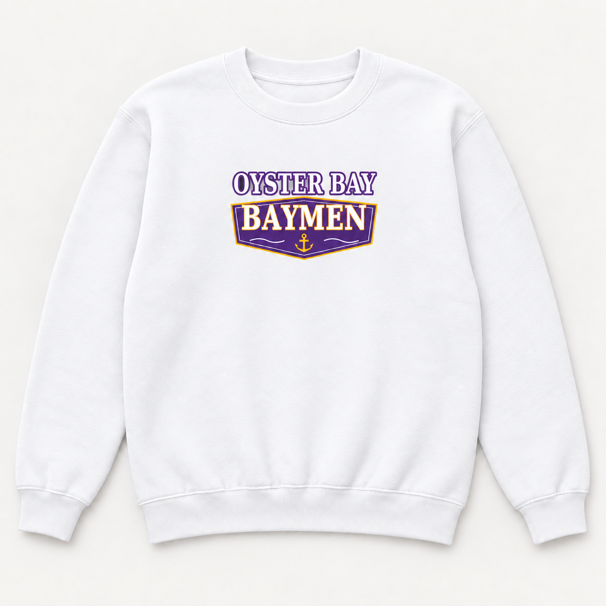 White youth Oyster Bay Baymen Harbor Varsity crewneck with purple, gold and white chest print