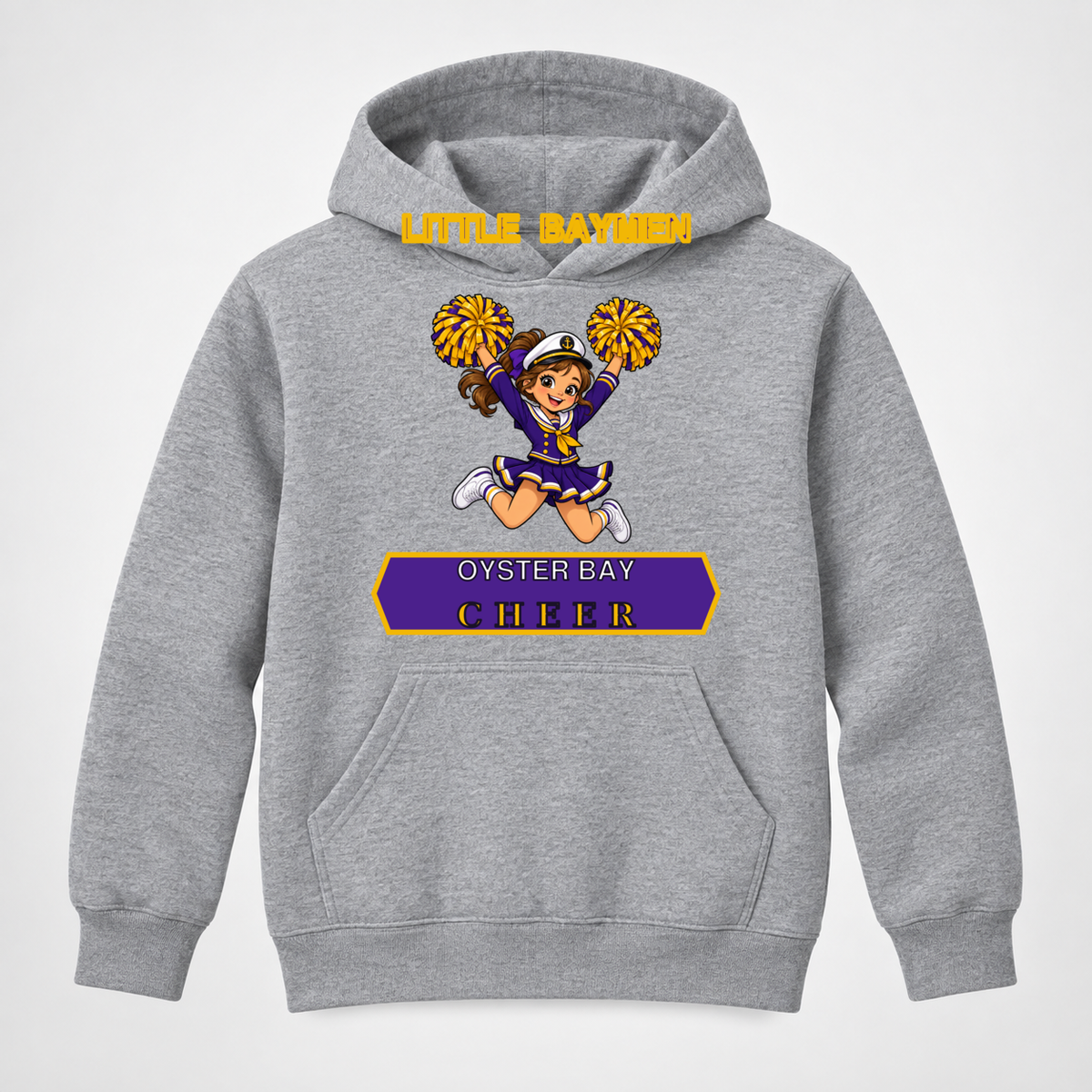 Oyster Bay Little Baymen Cheer youth athletic heather pullover hoodie with jumping maritime mascot, single front view