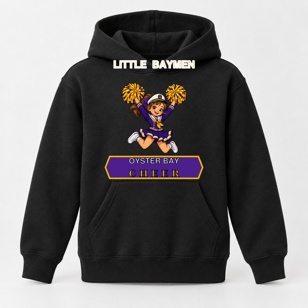 Oyster Bay Little Baymen Cheer youth black pullover hoodie with jumping maritime mascot, single front view