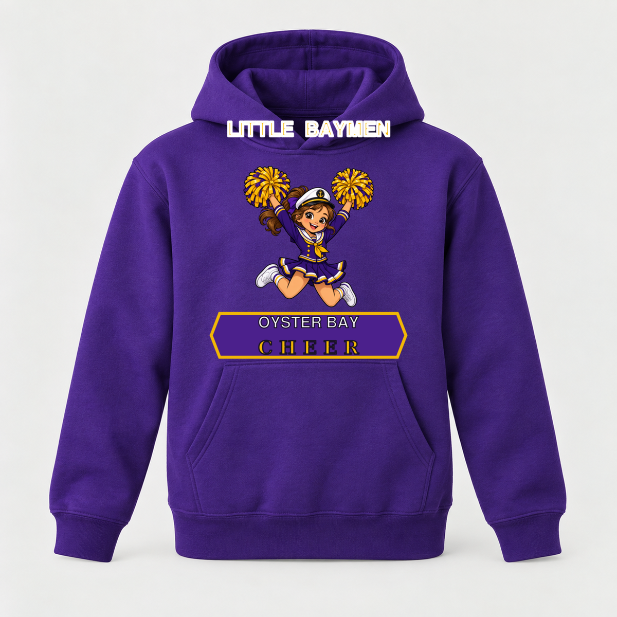 Oyster Bay Little Baymen Cheer youth purple pullover hoodie with jumping maritime mascot, single front view