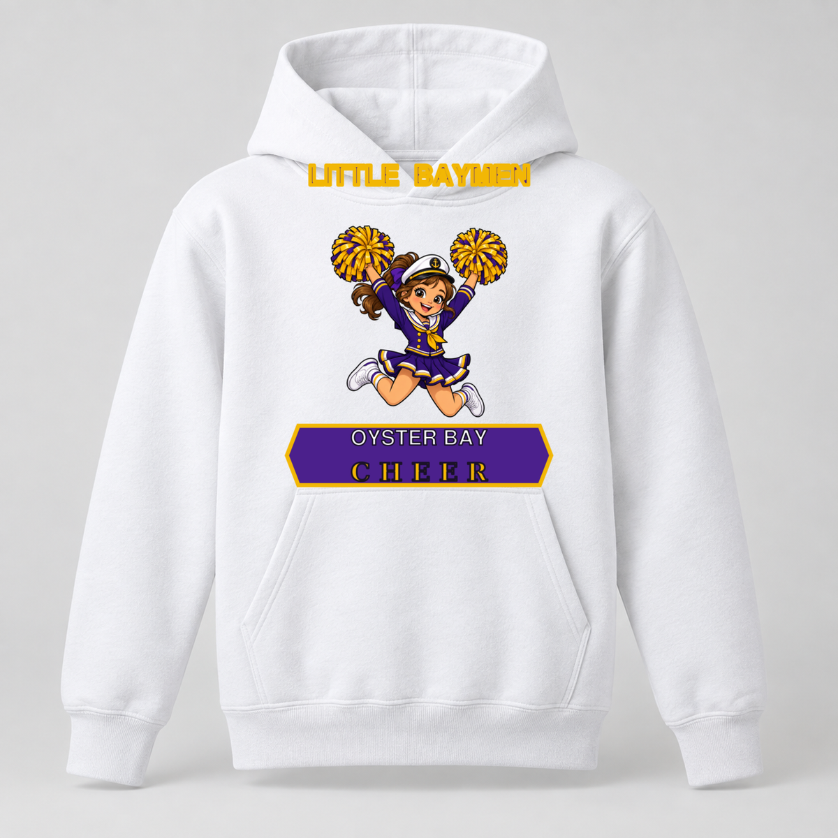 Oyster Bay Little Baymen Cheer youth white pullover hoodie with jumping maritime mascot, single front view