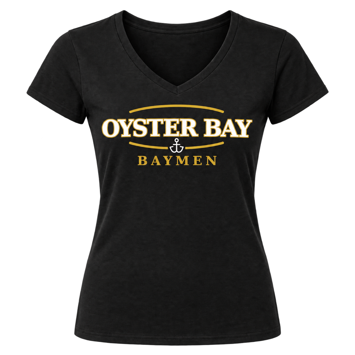 Black Oyster Bay Baymen Women's Heritage V-Neck Tee with white and gold maritime wordmark