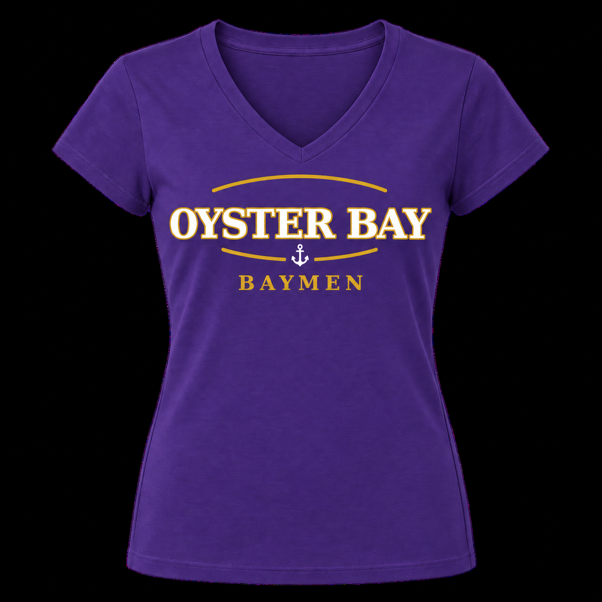 Purple Oyster Bay Baymen Women's Heritage V-Neck Tee with white and gold maritime wordmark