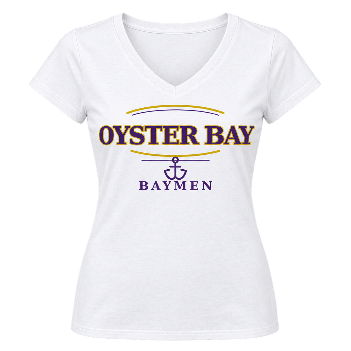 White Oyster Bay Baymen Women's Heritage V-Neck Tee with purple and gold maritime wordmark